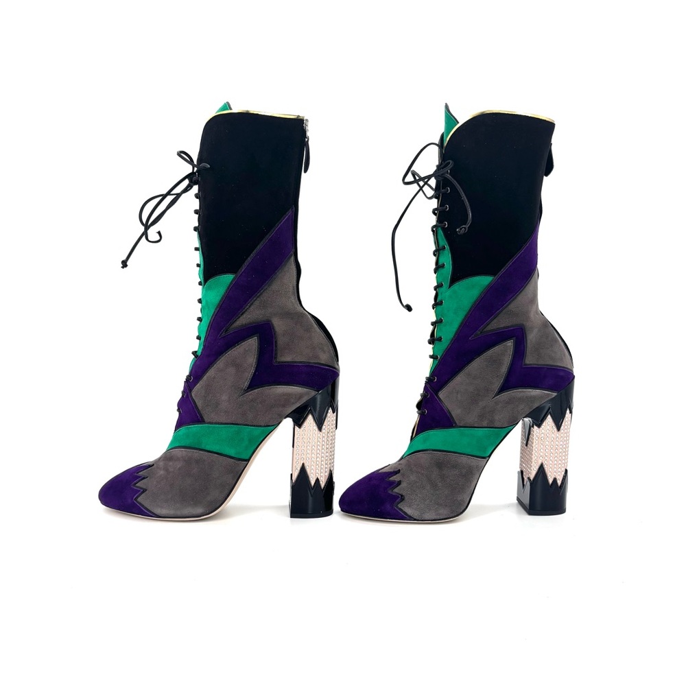 Miu Miu SS2016 Suede Patchwork Colorblock Crystal Embellished High Heel Boots 40 - Picture 4 of 10